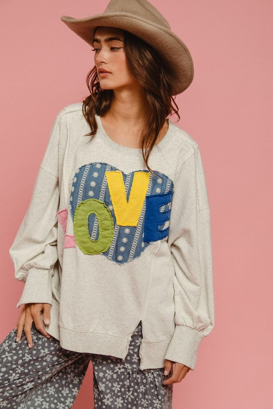 BiBi LOVE Heart Patch Slit French Terry Sweatshirt free shipping -Oh Em Gee Boutique