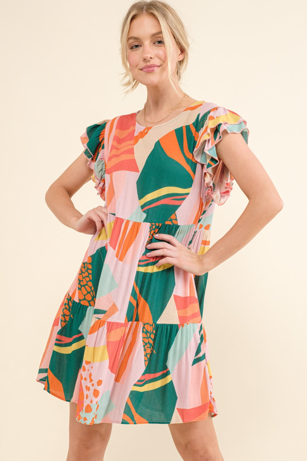 And The Why Printed Double Ruffle Sleeve Dress free shipping -Oh Em Gee Boutique