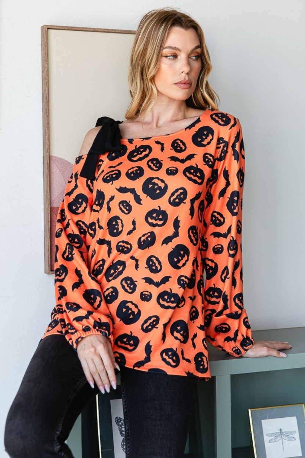 Heimish Pumpkin Print One Shoulder T-Shirt free shipping -Oh Em Gee Boutique