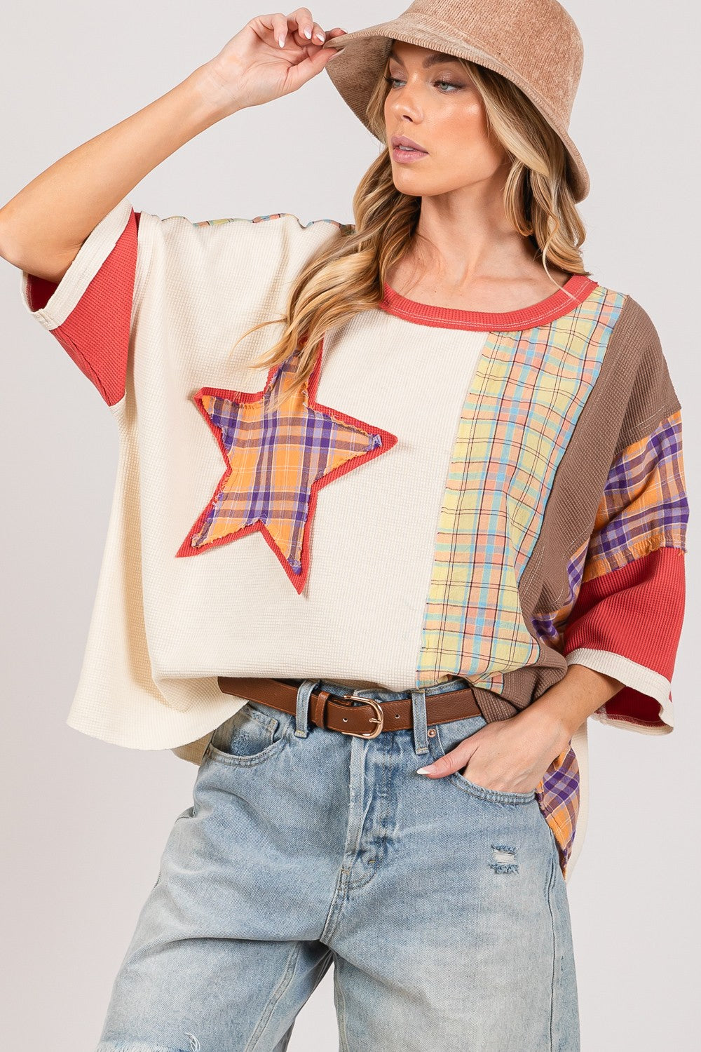 SAGE + FIG Round Neck Plaid Star Patch T-Shirt free shipping -Oh Em Gee Boutique