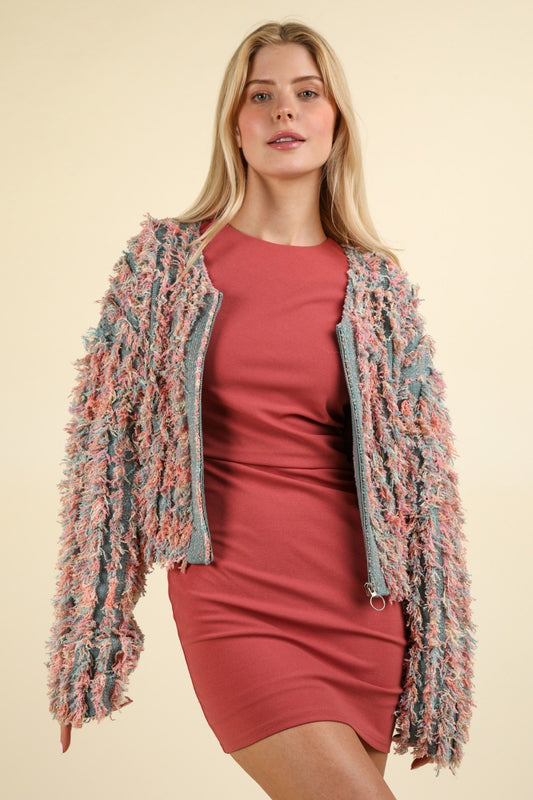 VERY J Shaggy Yarn Knit Zip Up Jacket free shipping -Oh Em Gee Boutique