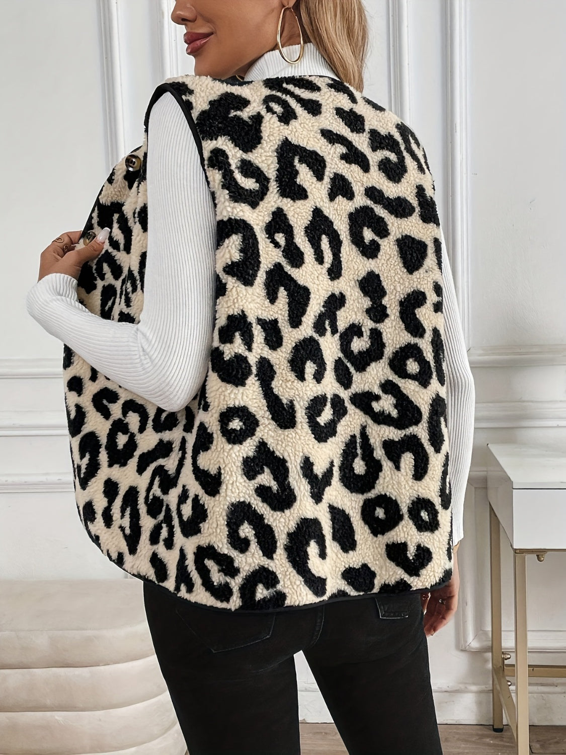 Leopard Button Up Sherpa Vest free shipping -Oh Em Gee Boutique