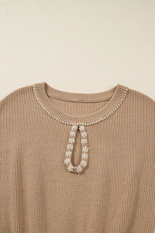 Pearl Embellished Keyhole Ribbed Sweater Dress free shipping -Oh Em Gee Boutique