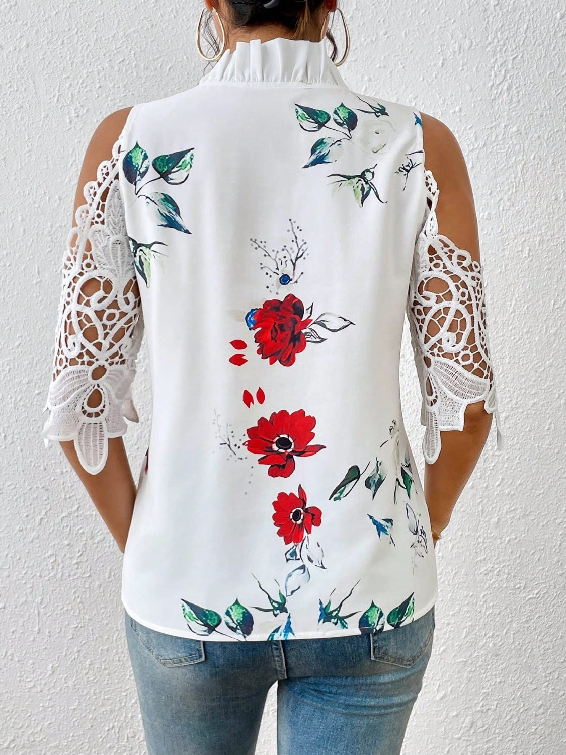 Full Size Lace Printed Half Sleeve Blouse free shipping -Oh Em Gee Boutique