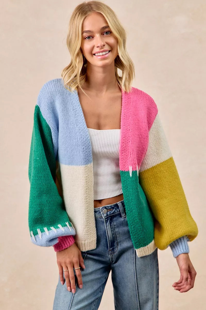 BiBi Color Block Open Front Sweater Cardigan free shipping -Oh Em Gee Boutique