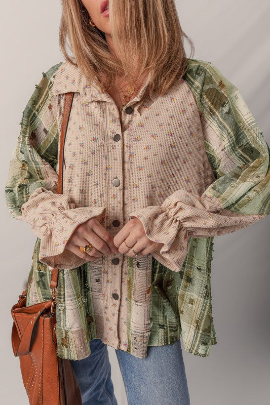 Floral Plaid Patchwork Ruffle Waffle Knit Shacket free shipping -Oh Em Gee Boutique