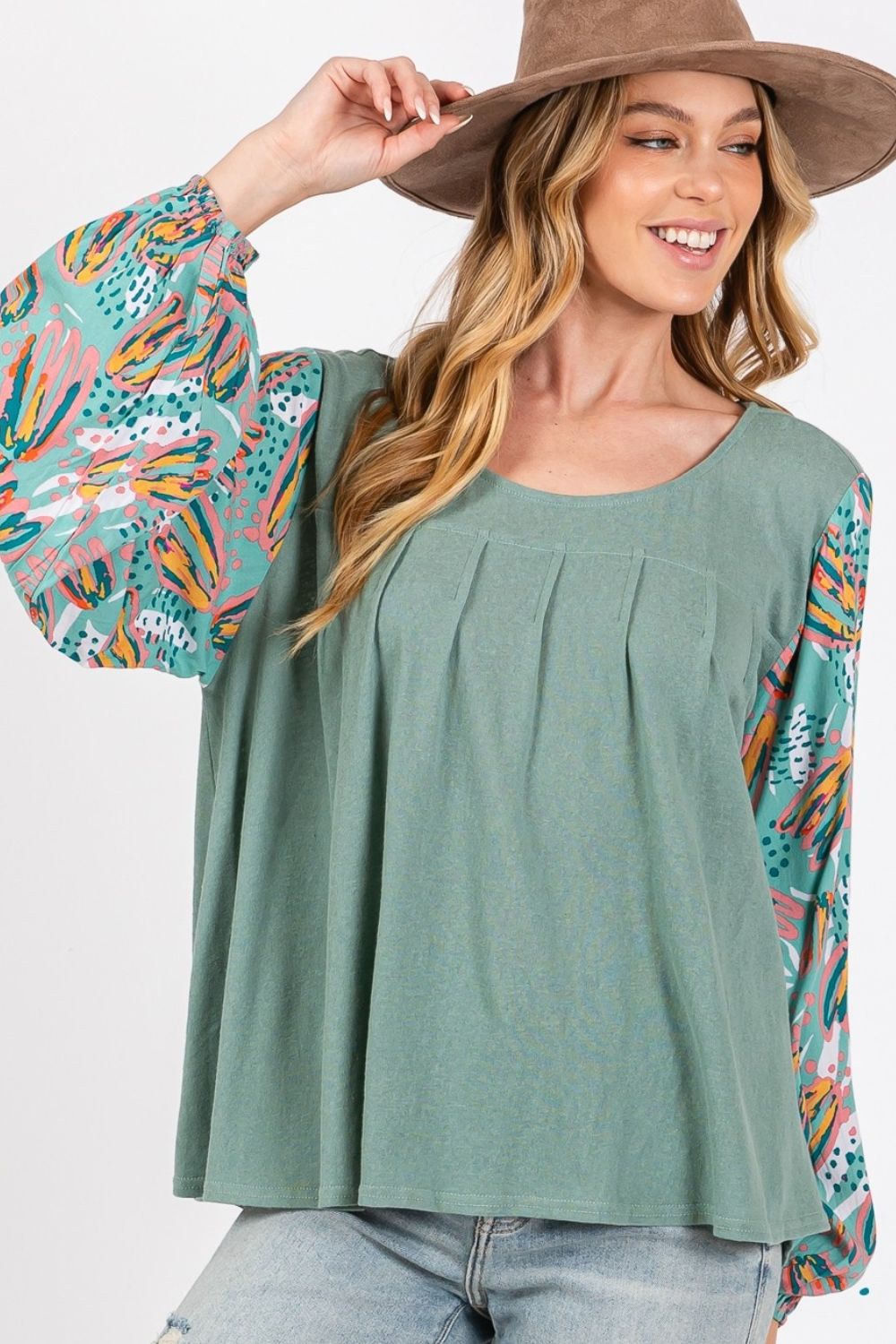 SAGE + FIG Ruched Round Neck Printed Bubble Sleeve Top free shipping -Oh Em Gee Boutique