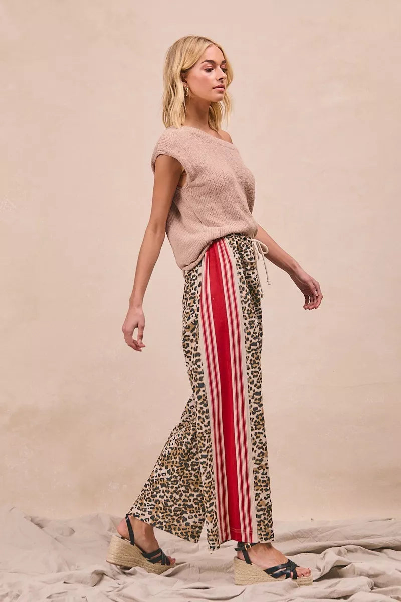 BiBi Leopard Print Pants with Side Contrast and Tucking Welt Pockets free shipping -Oh Em Gee Boutique