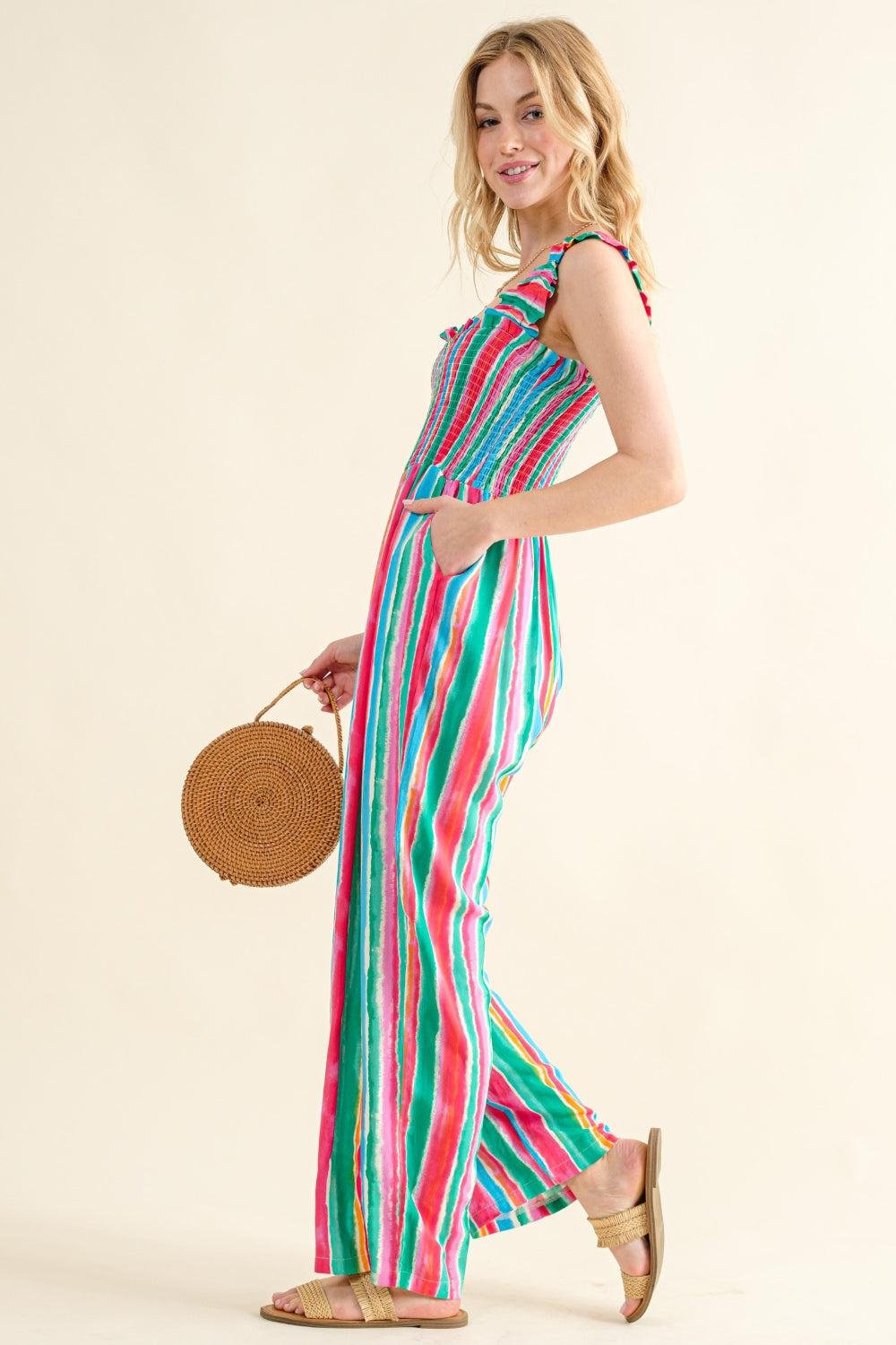 And The Why Full Size Striped Smocked Sleeveless Jumpsuit free shipping -Oh Em Gee Boutique