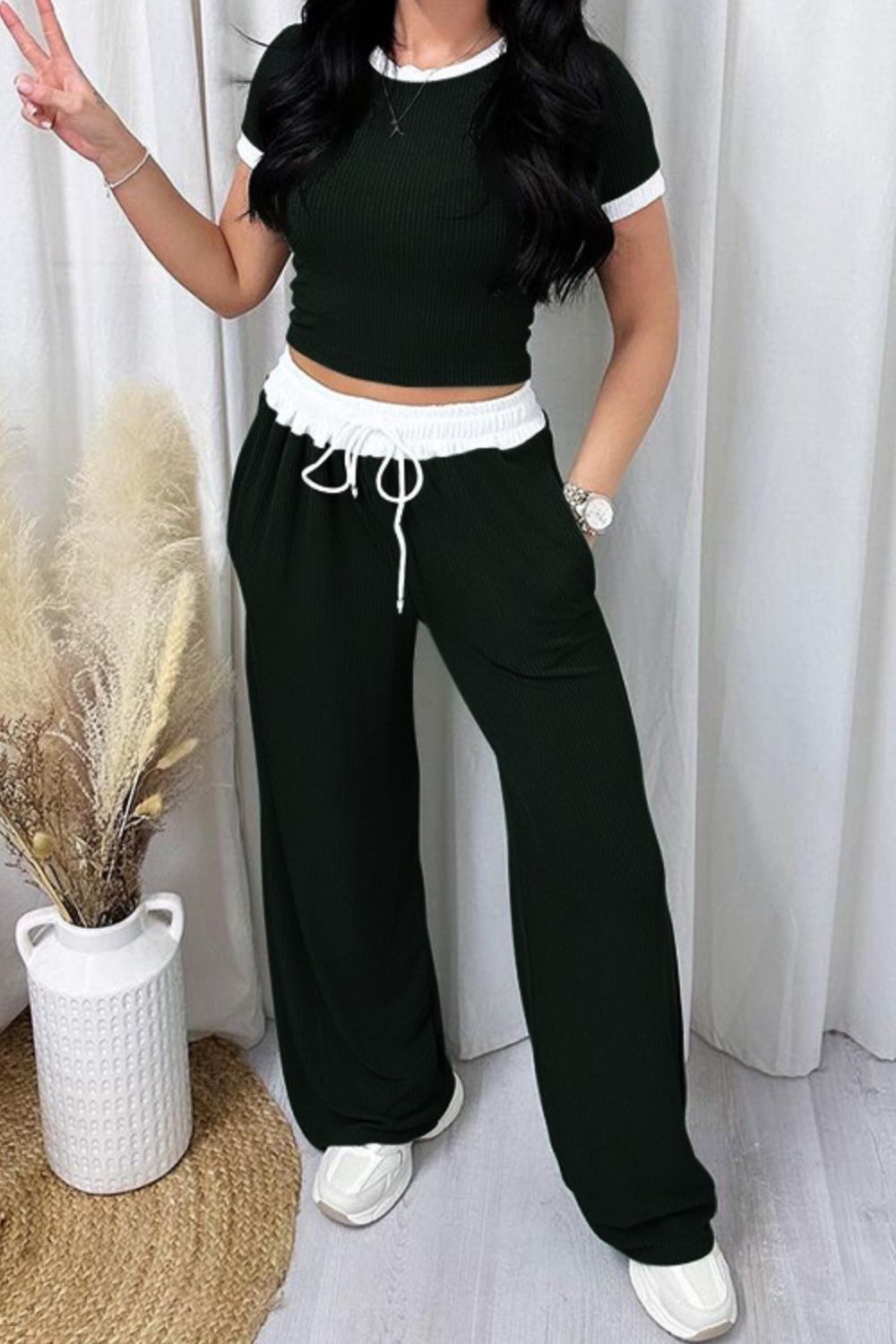 Contrast Trim Round Neck Top and Pants Set free shipping -Oh Em Gee Boutique