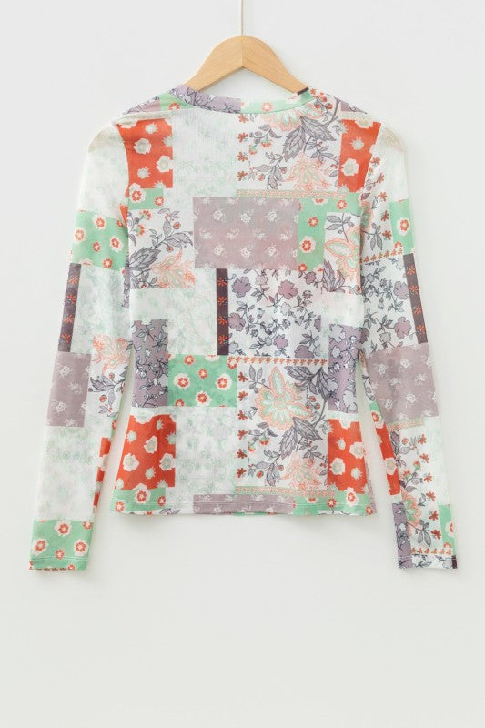 Floral Patchwork Mesh Mock Neck Long Sleeve Top free shipping -Oh Em Gee Boutique