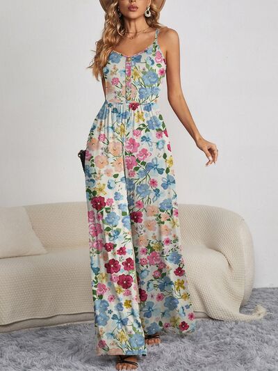 FAM-FAM Decorative Button Spaghetti Strap Wide Leg Jumpsuit free shipping -Oh Em Gee Boutique