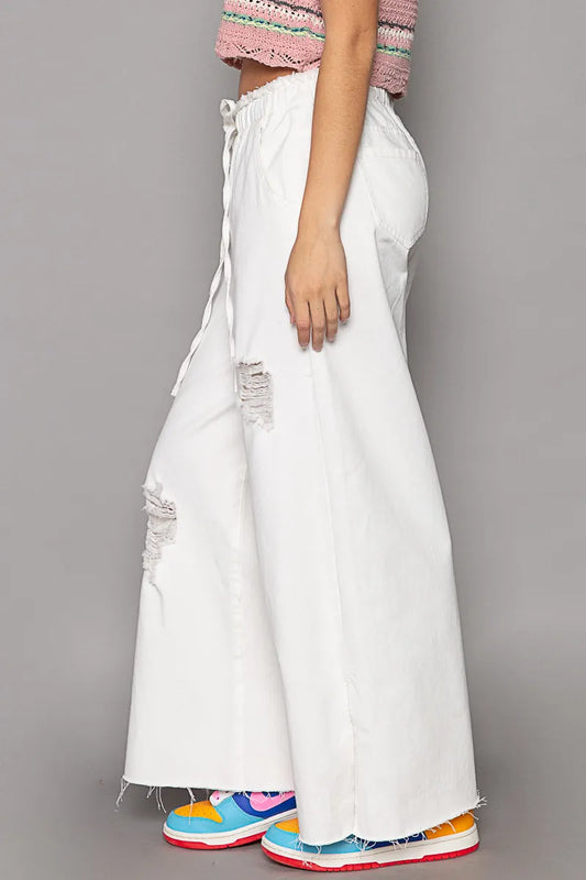 POL Distressed Drawstring Slit Wide leg Pants free shipping -Oh Em Gee Boutique