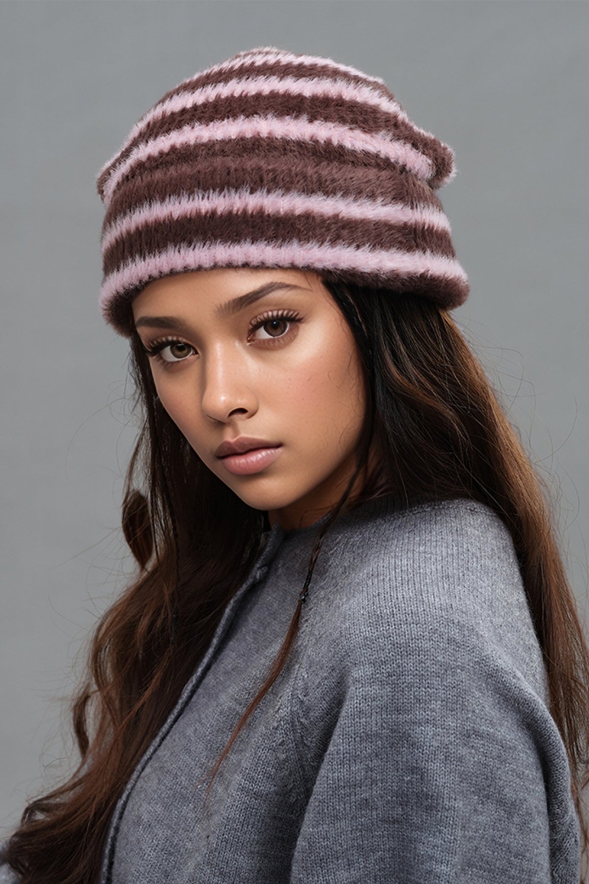 Fuzzy Contrast Striped Thermal Hat free shipping -Oh Em Gee Boutique