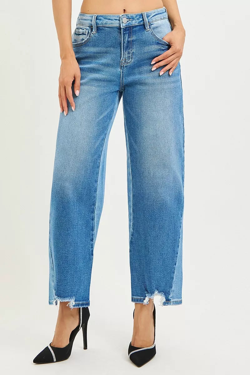 RISEN Full Size Slouchy Cropped Barrel Jeans with Contrast Wash Plus Size free shipping -Oh Em Gee Boutique