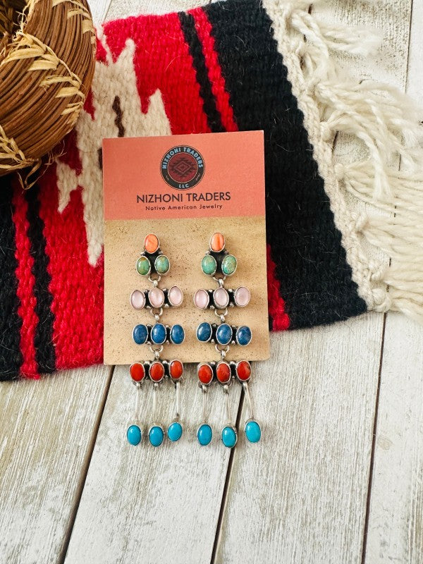 Navajo Multi Stone & Sterling Silver Chandelier Dangle Earrings free shipping -Oh Em Gee Boutique
