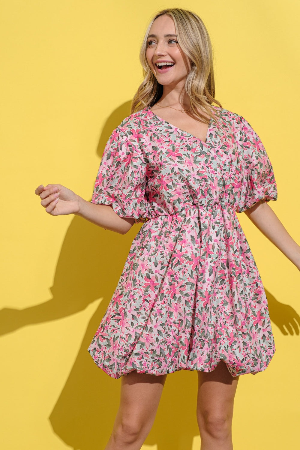 And The Why Full Size Floral Surplice Puff Sleeve Dress free shipping -Oh Em Gee Boutique