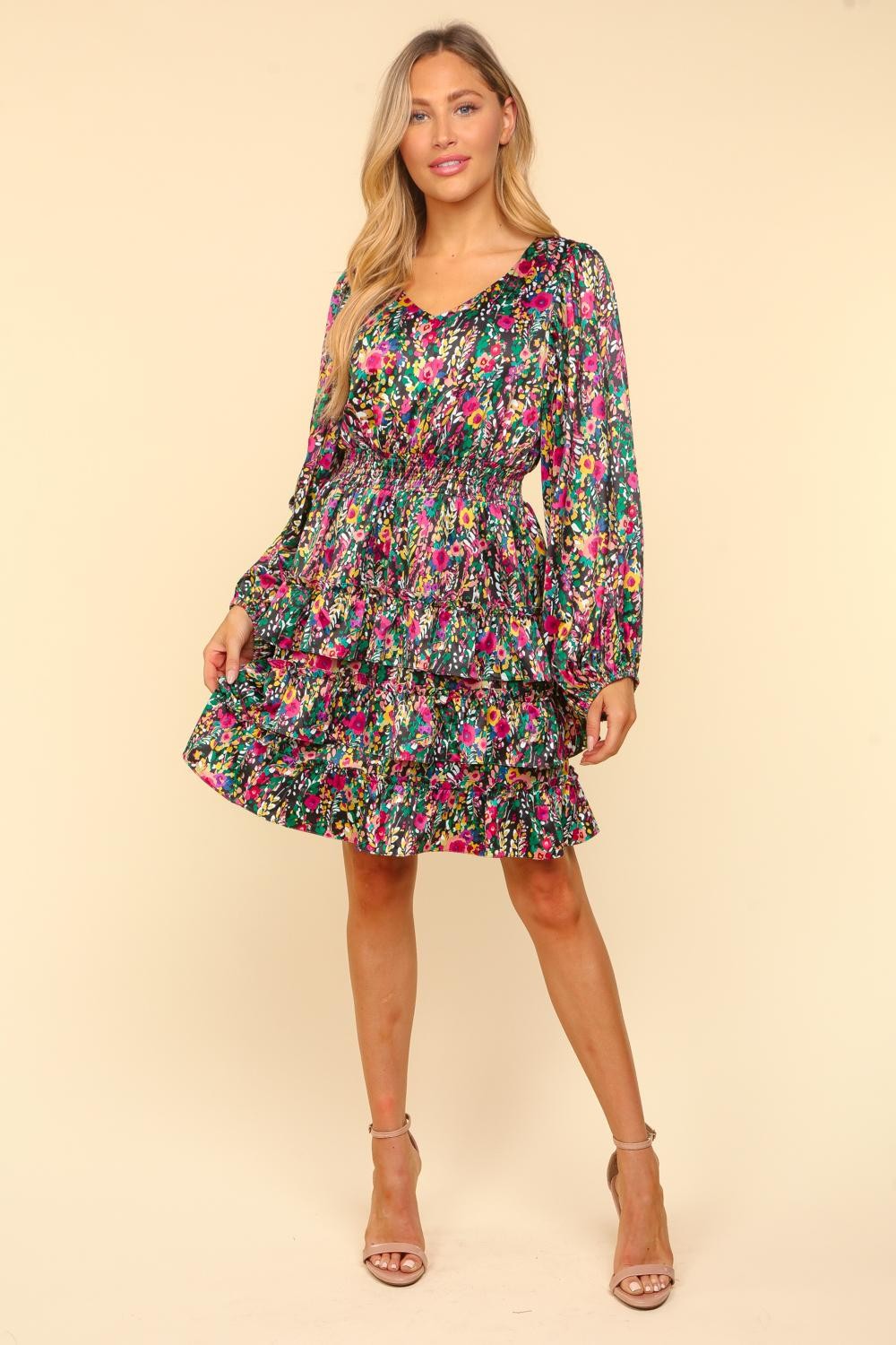 Haptics V-Neck Satin Floral Layered Dress free shipping -Oh Em Gee Boutique