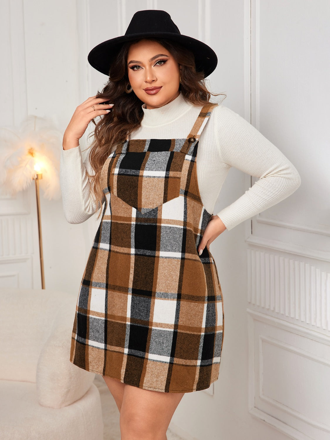 Plus Size Plaid Wide Strap Overall Dress free shipping -Oh Em Gee Boutique