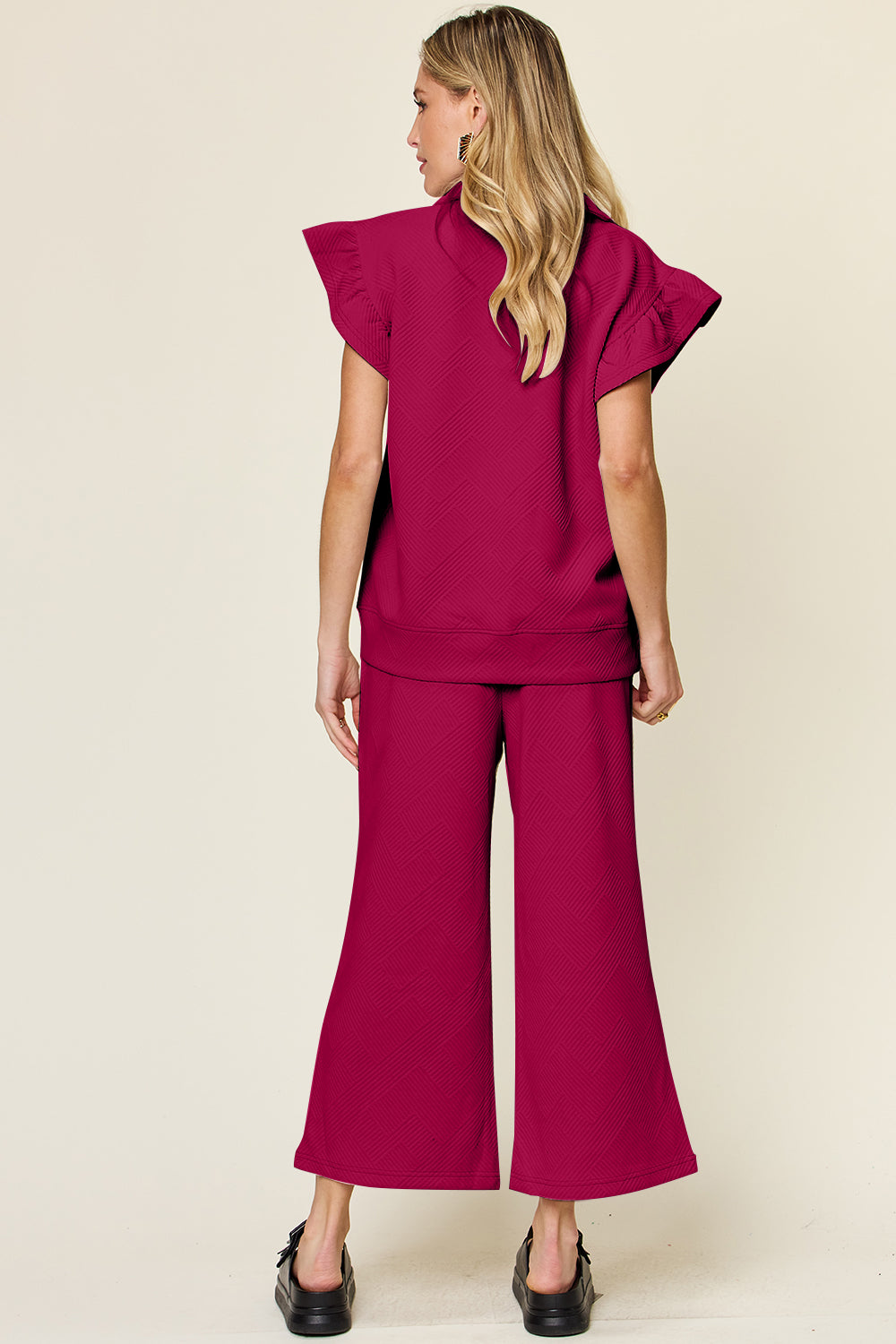 Double Take Texture Ruffle Short Sleeve Top and Drawstring Wide Leg Pants Set free shipping -Oh Em Gee Boutique