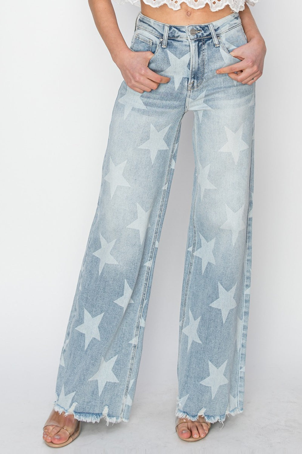 RISEN Full Size Raw Hem Star Wide Leg Jeans free shipping -Oh Em Gee Boutique