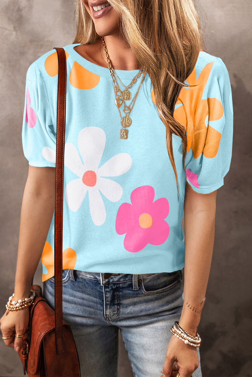 Flower Round Neck Short Sleeve Blouse free shipping -Oh Em Gee Boutique