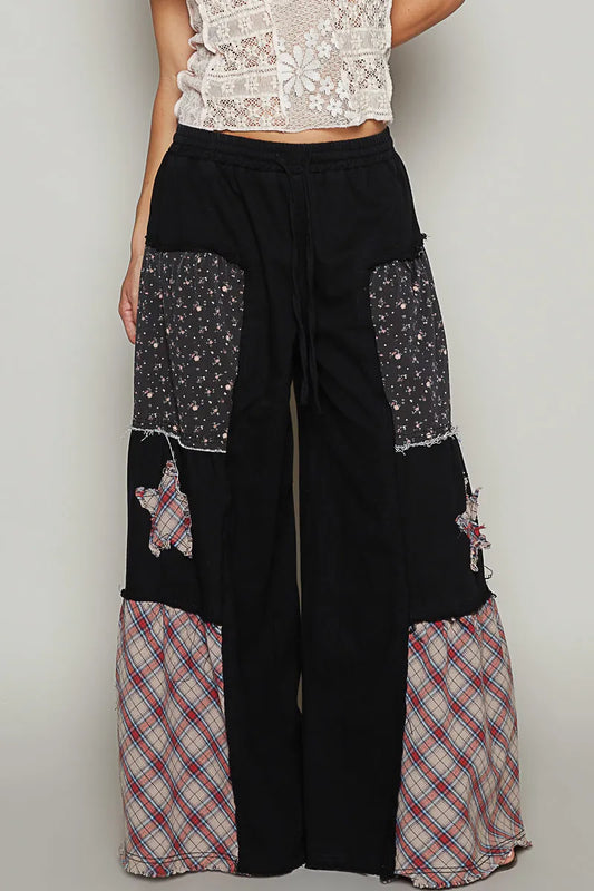 POL Drawstring Star Patch Contrast Wide Leg Pants free shipping -Oh Em Gee Boutique