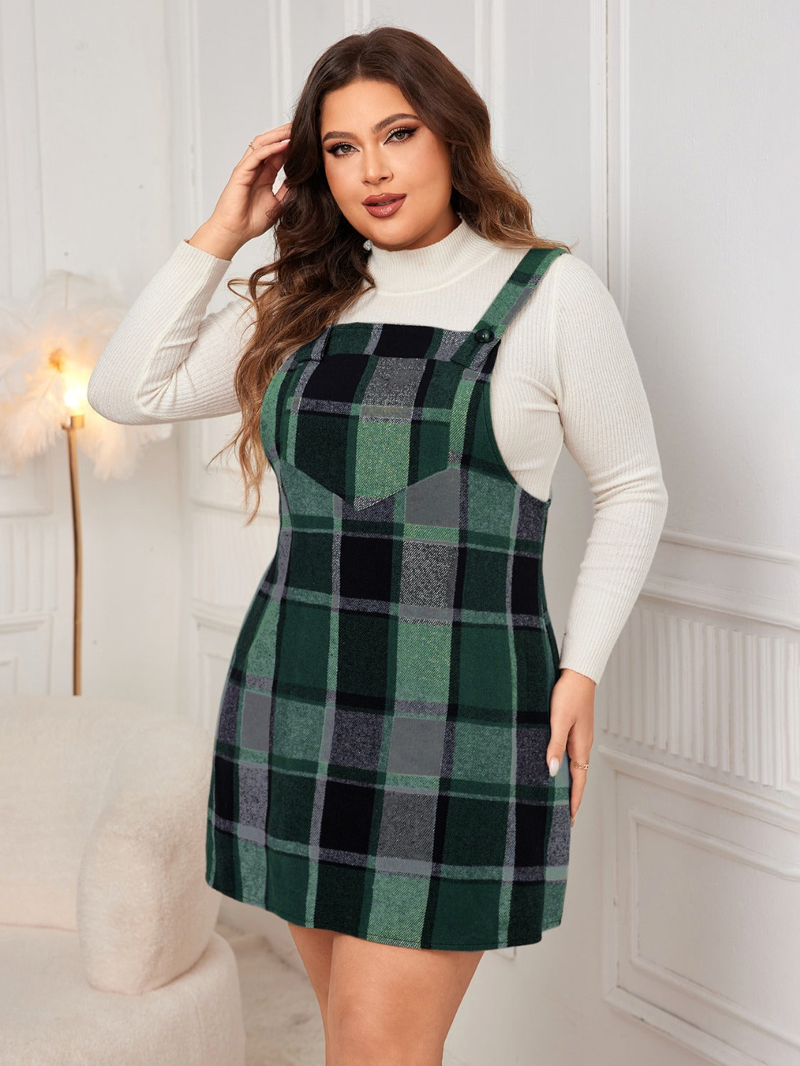 Plus Size Plaid Wide Strap Overall Dress free shipping -Oh Em Gee Boutique