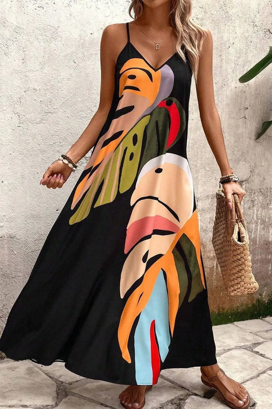 Tropical Leaf Print V-Neck Maxi Cami Dress free shipping -Oh Em Gee Boutique