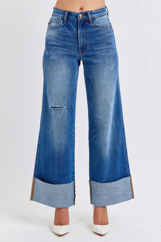 Judy Blue Full Size Distressed High Waist Wide Leg Jeans free shipping -Oh Em Gee  Boutique