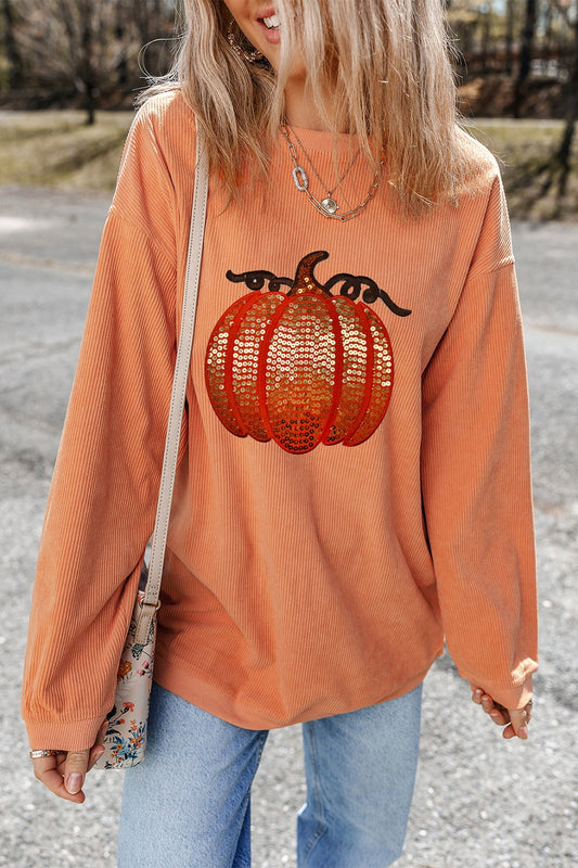 Sequin Pumpkin Round Neck Long Sleeve Sweatshirt free shipping -Oh Em Gee Boutique