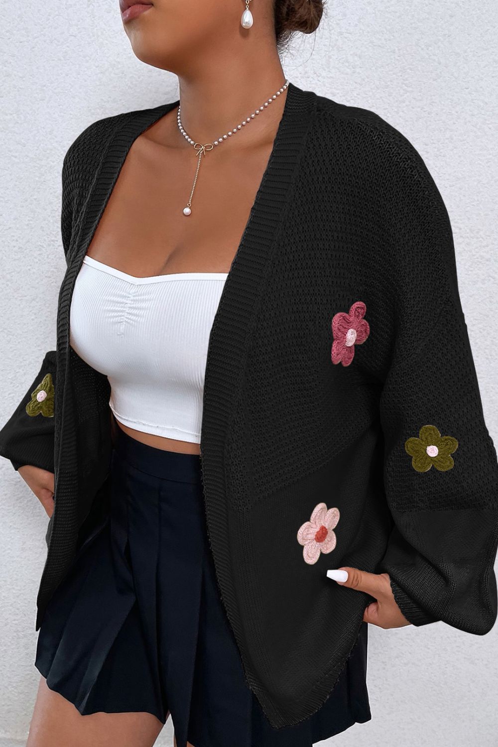 Floral Applique Drop Shoulder Open Front Cardigan free shipping -Oh Em Gee Boutique