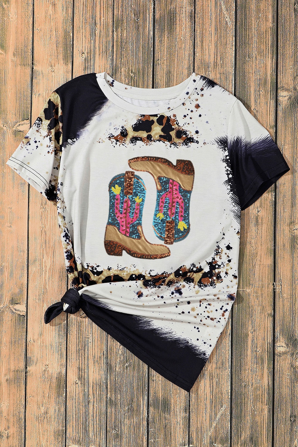 Sequin Boots Leopard Round Neck Short Sleeve T-Shirt free shipping -Oh Em Gee Boutique