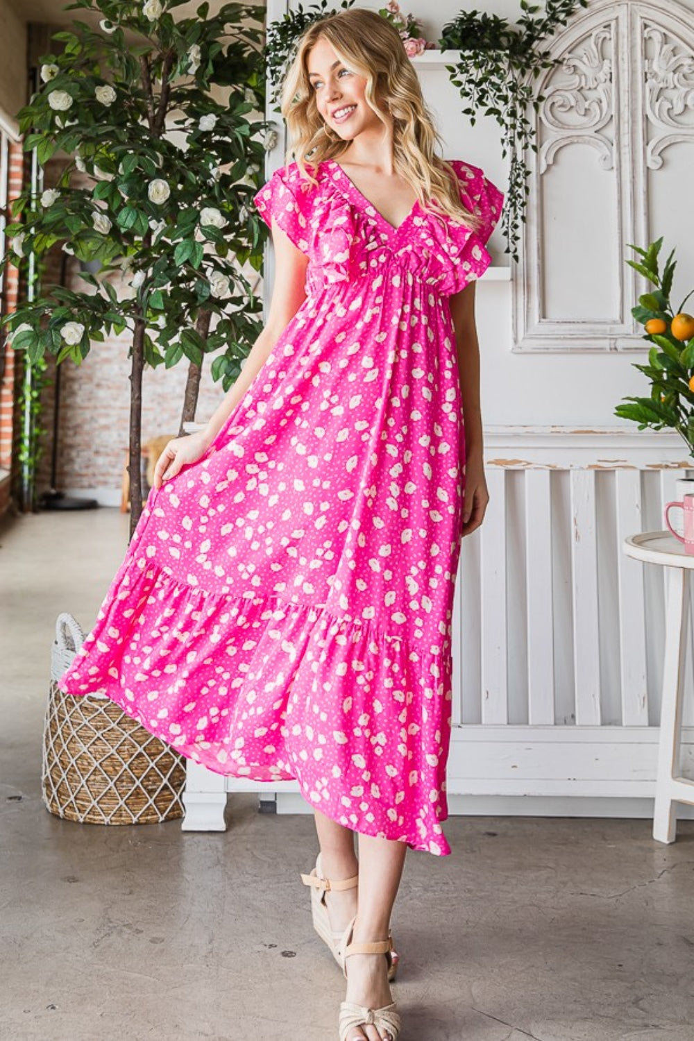 Reborn J Printed V-Neck Ruffle Trim Tiered Midi Dress free shipping -Oh Em Gee Boutique