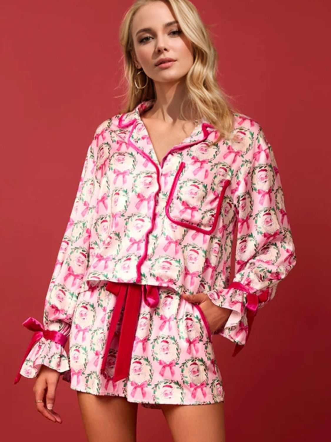 Tied Printed Collared Neck Long Sleeve Top and Shorts Set free shipping -Oh Em Gee Boutique