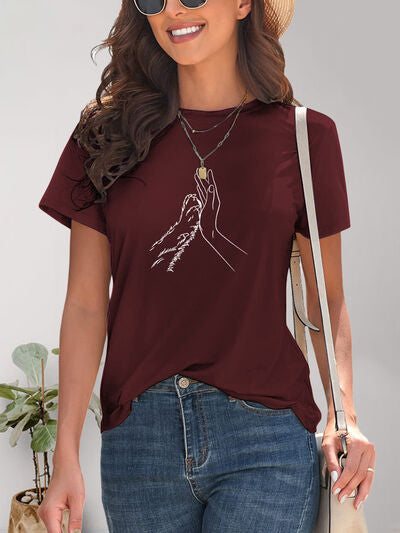 Graphic Round Neck Short Sleeve T-Shirt, Hand and Paw free shipping -Oh Em Gee Boutique