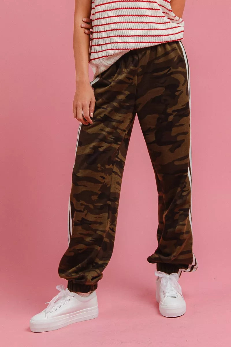 BiBi Side Lines Camouflage Track Pants free shipping -Oh Em Gee Boutique