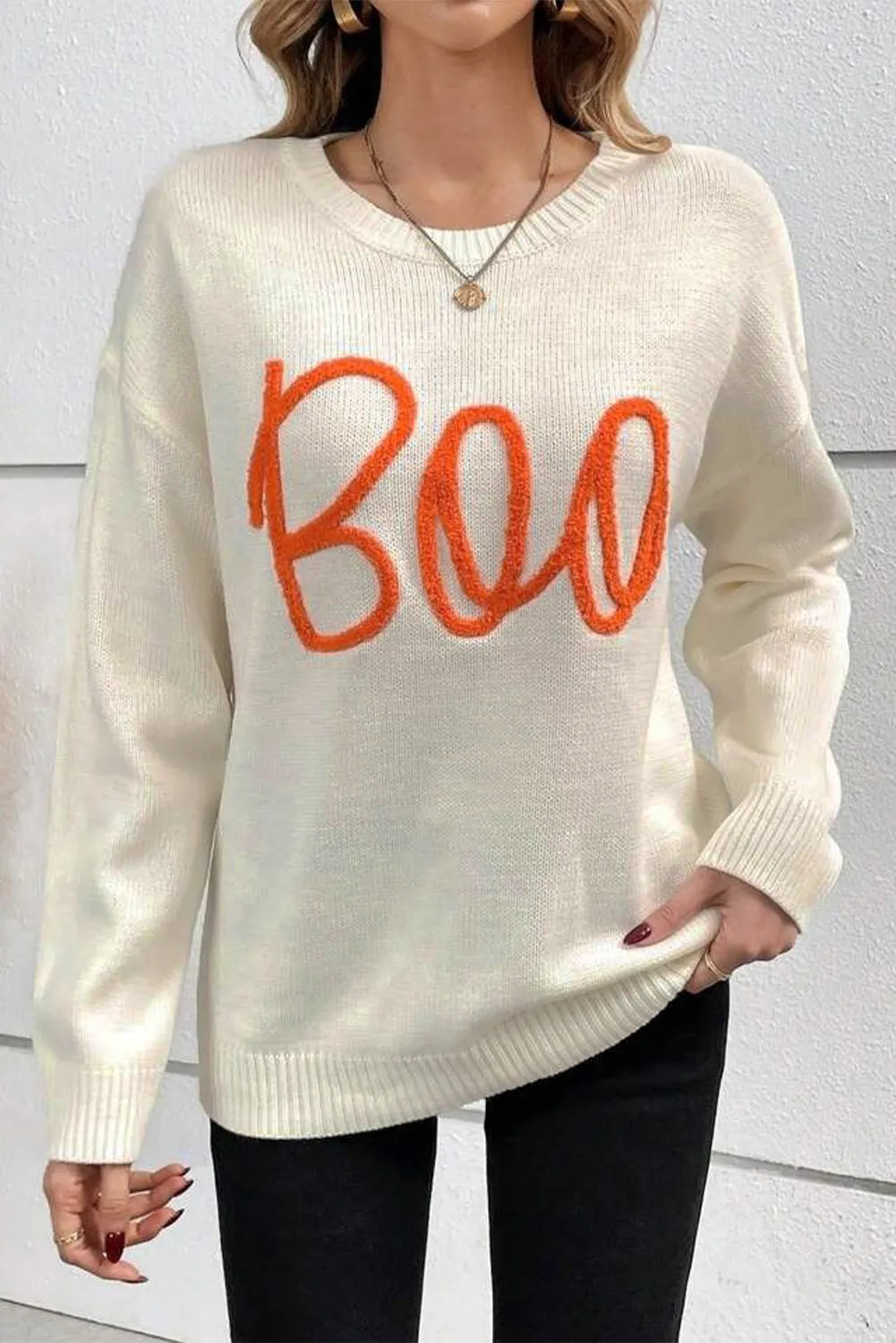 BOO Round Neck Long Sleeve Sweater free shipping -Oh Em Gee Boutique