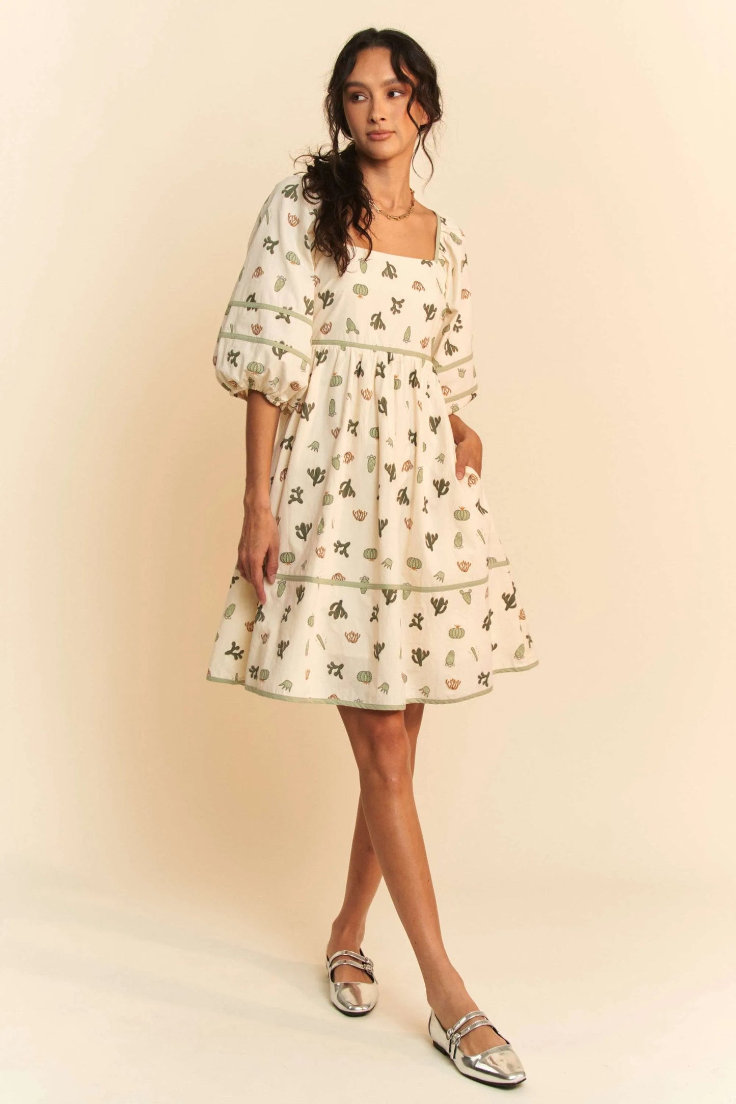 Davi & Dani Cactus Printed Poplin Contrast Piping Mini Dress free shipping -Oh Em Gee Boutique