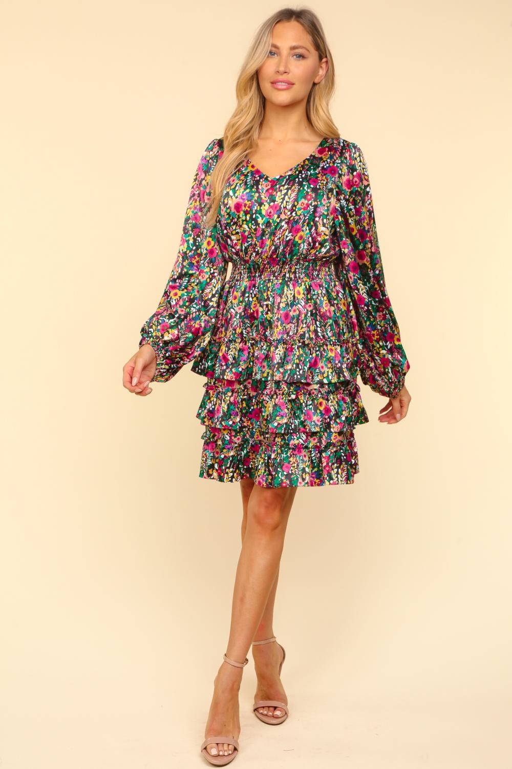 Haptics V-Neck Satin Floral Layered Dress free shipping -Oh Em Gee Boutique