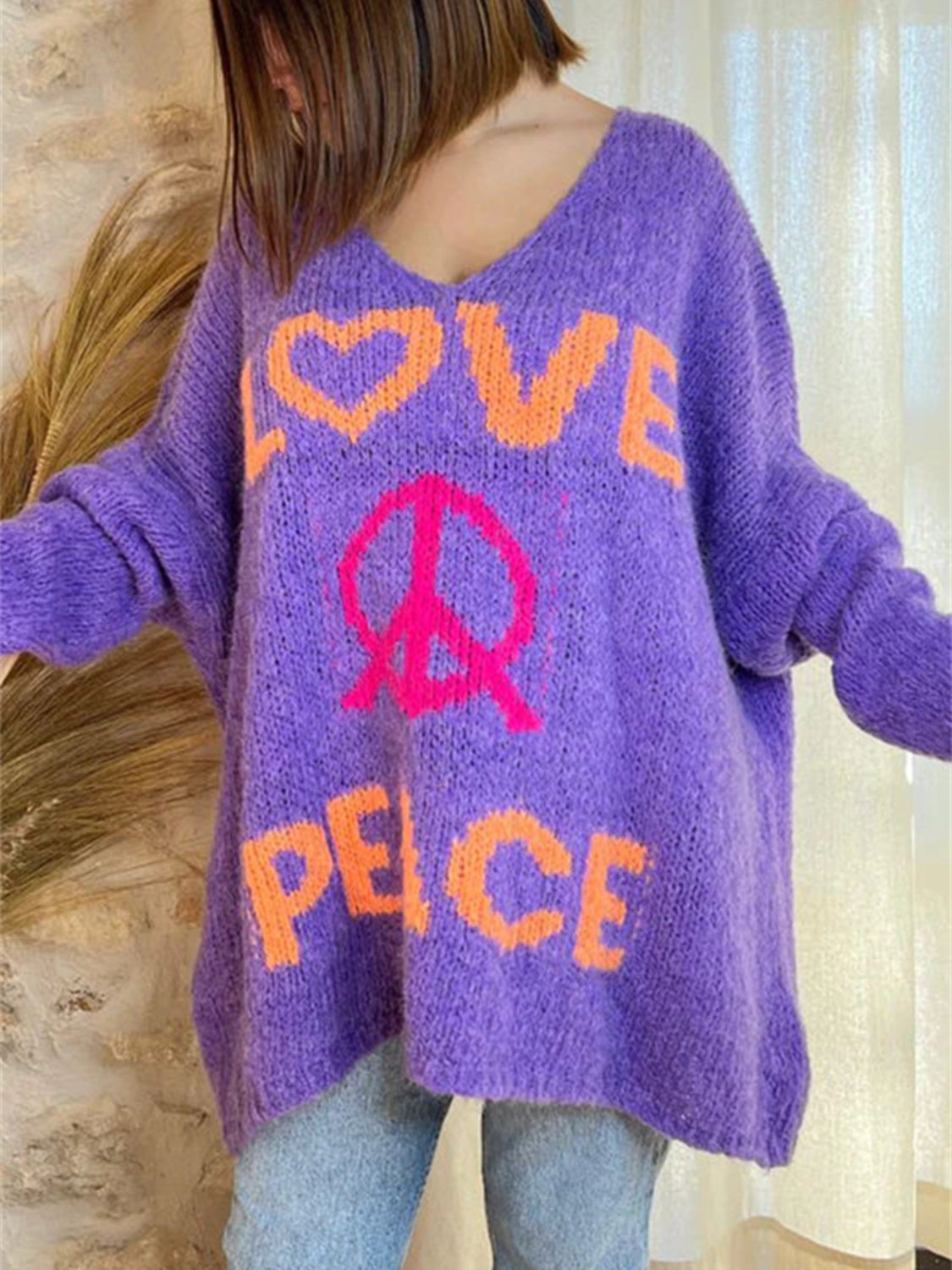 Peace Graphic V-Neck Long Sleeve Sweater free shipping -Oh Em Gee Boutique