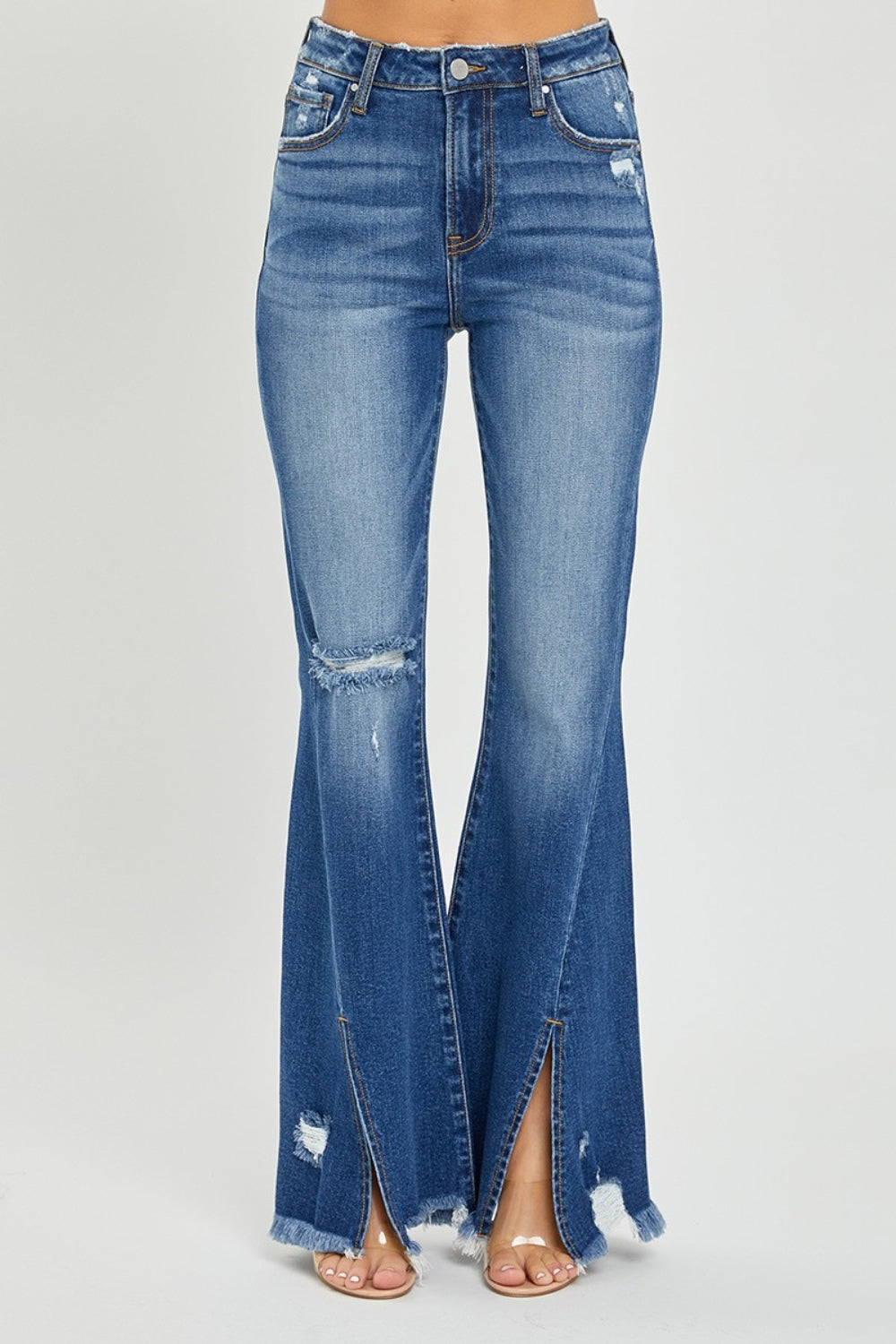 RISEN Full Size High Rise Front Slit Frayed Hem Flare Jeans free shipping -Oh Em Gee Boutique