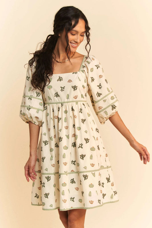 Davi & Dani Cactus Printed Poplin Contrast Piping Mini Dress free shipping -Oh Em Gee Boutique