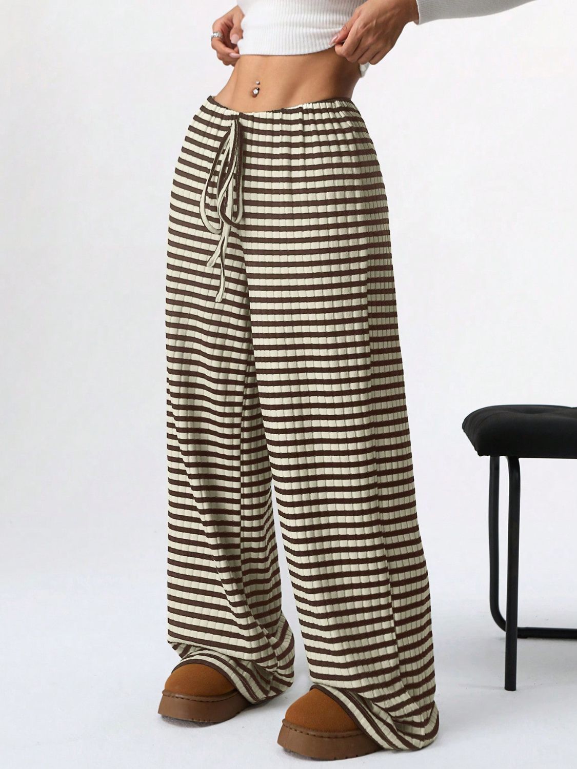 Tied Striped Wide Leg Pants free shipping -Oh Em Gee Boutique