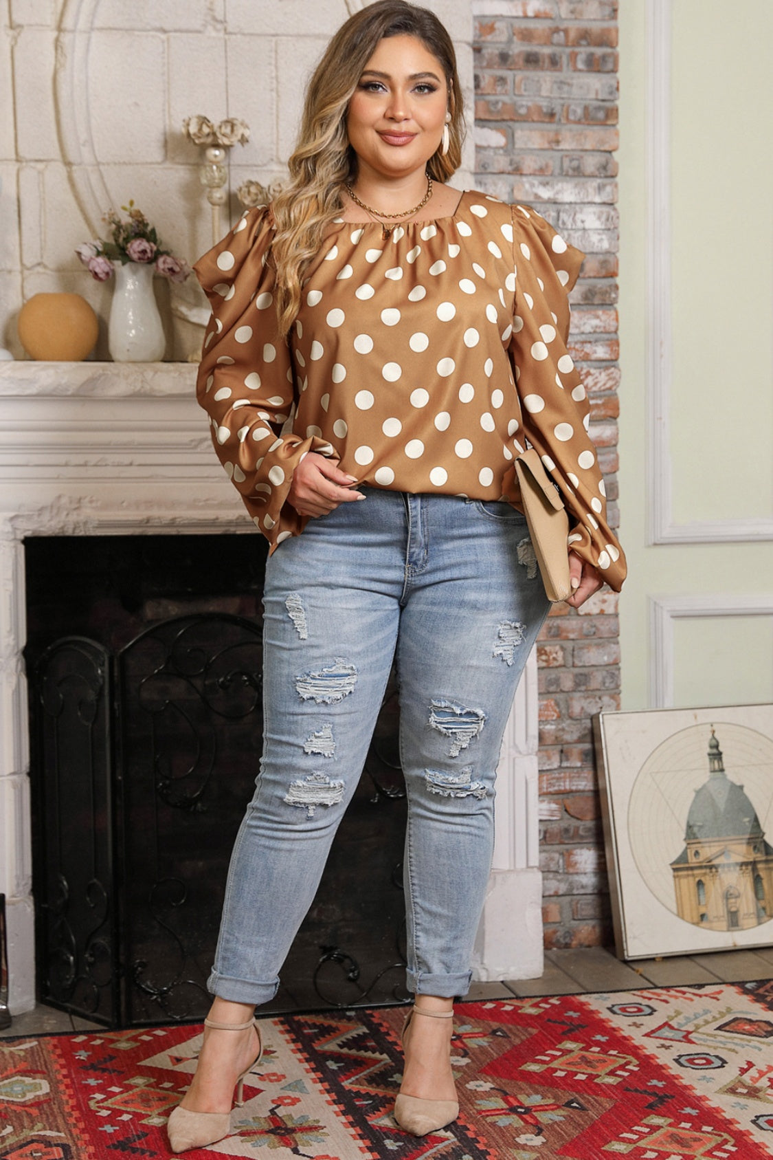 Plus Size Polka Dot Long Sleeve Blouse free shipping -Oh Em Gee Boutique