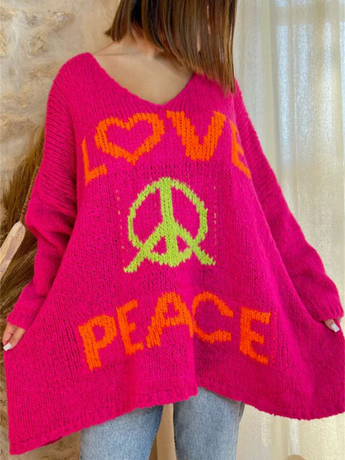 Peace Graphic V-Neck Long Sleeve Sweater free shipping -Oh Em Gee Boutique