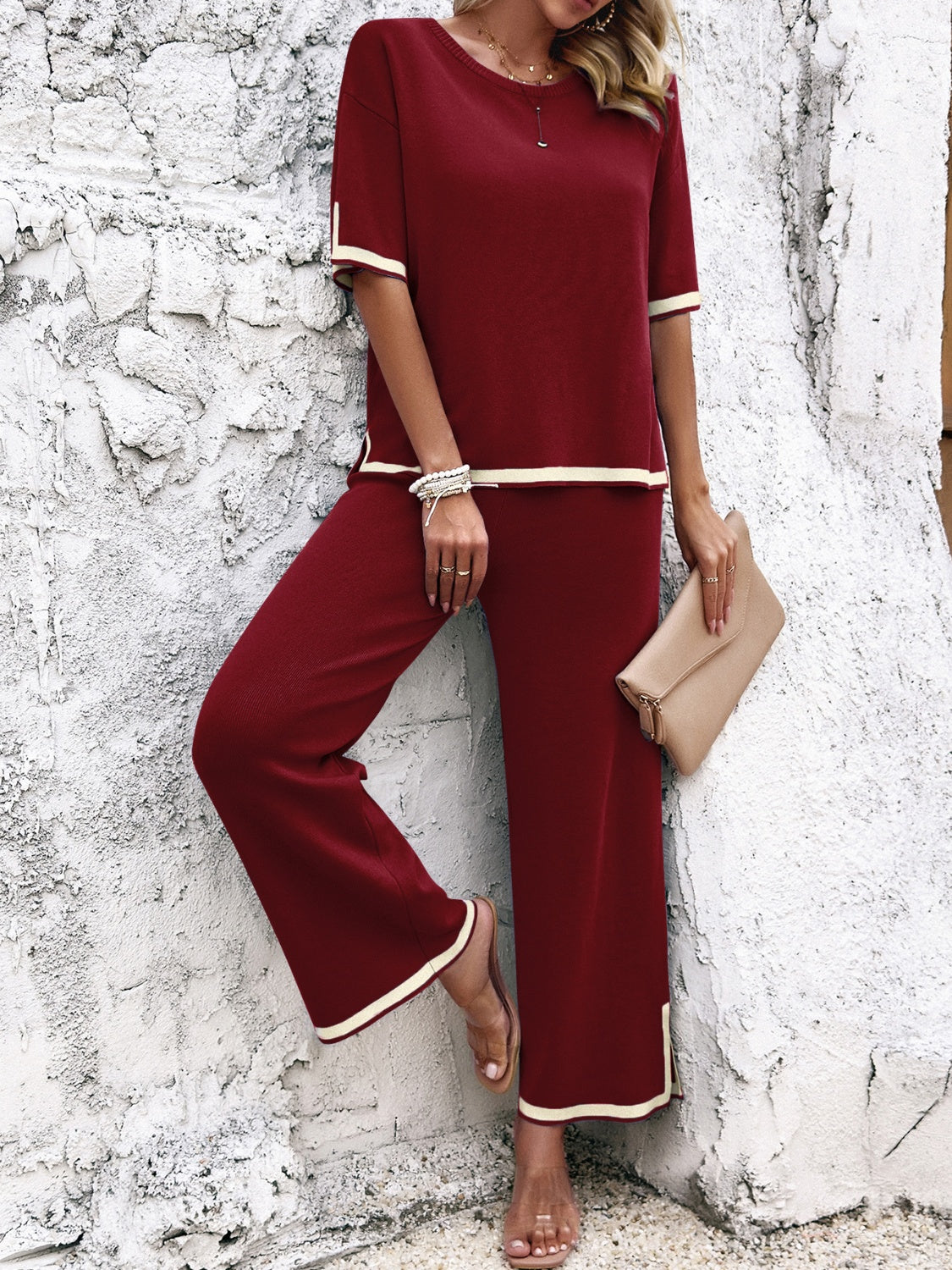 Devine Contrast Trim Round Neck Top and Pants Set free shipping -Oh Em Gee Boutique