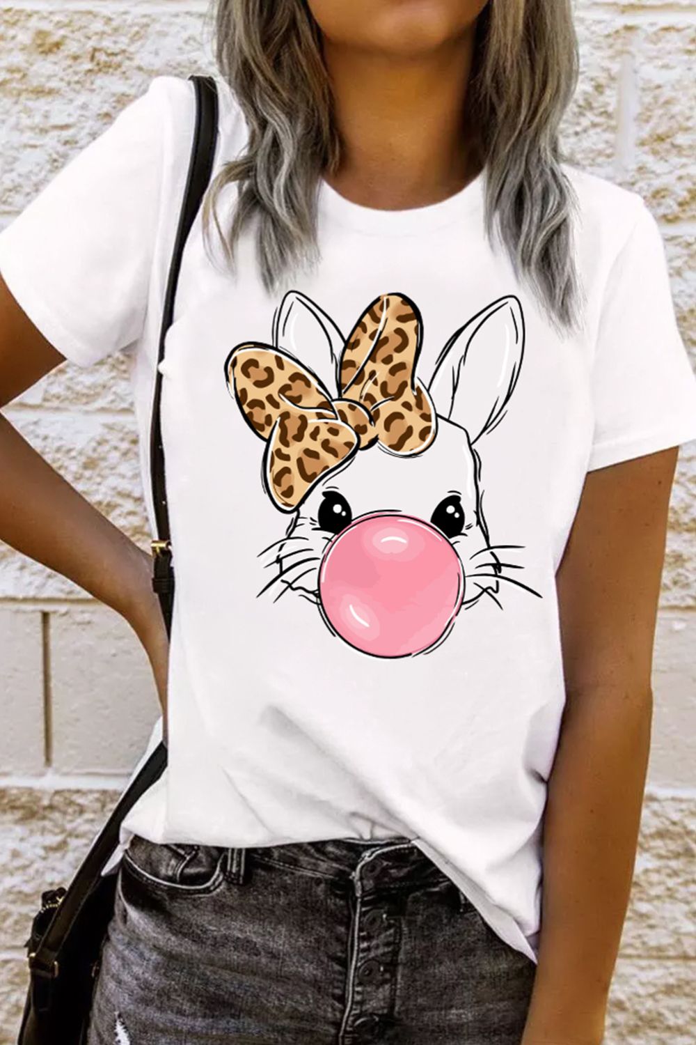 Leopard Bow Rabbit Graphic Round Neck Short Sleeve T-Shirt free shipping -Oh Em Gee Boutique