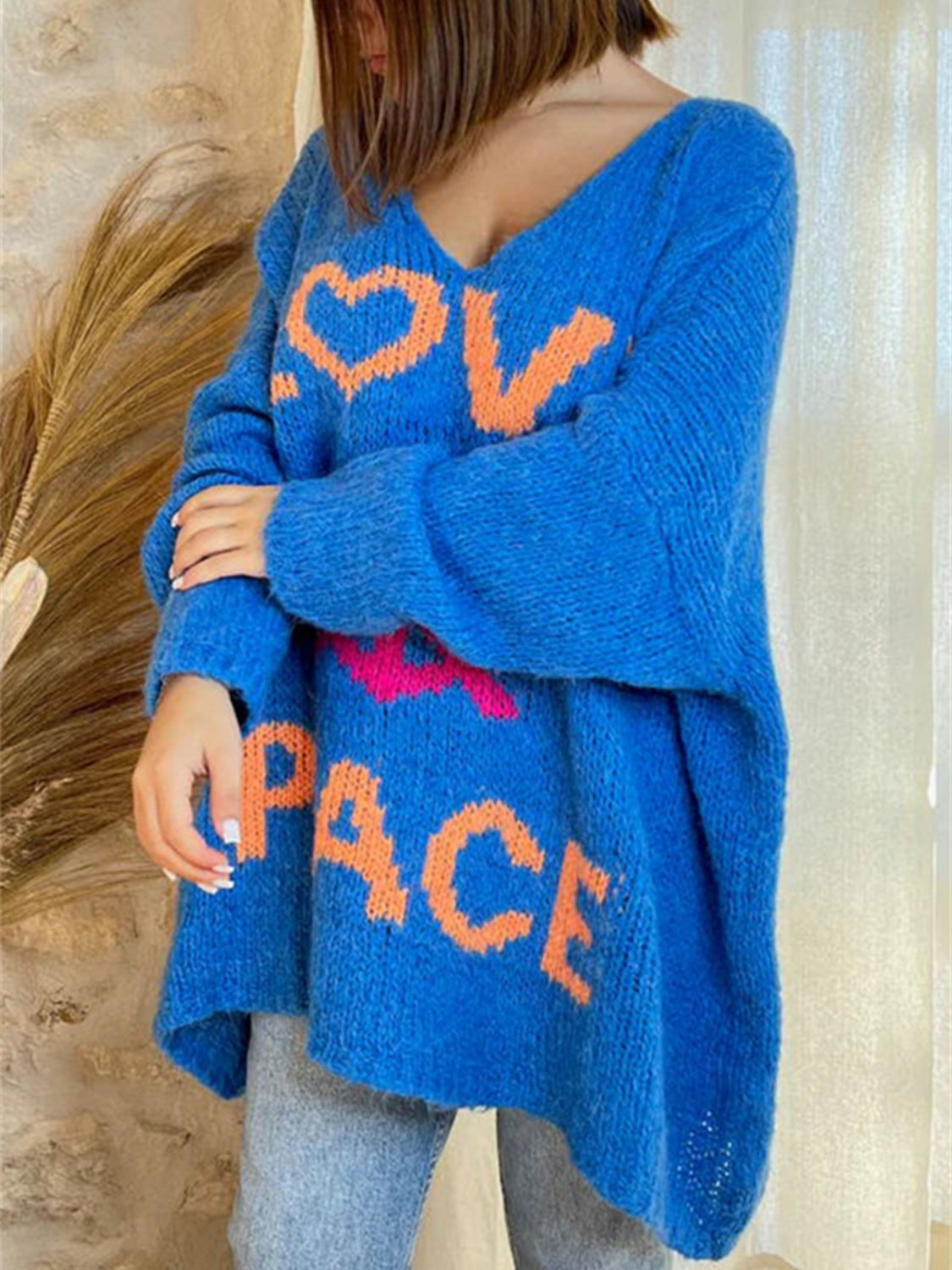 Peace Graphic V-Neck Long Sleeve Sweater free shipping -Oh Em Gee Boutique