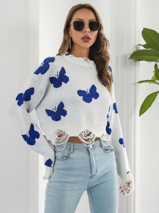 Distressed Butterfly Cropped Sweater free shipping -Oh Em Gee Boutique